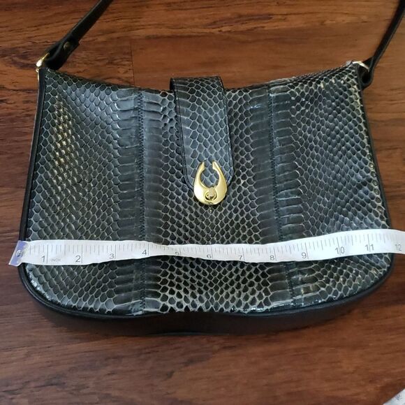 Celina Paris Olive Green Serpent Skin Leather Shoulder Purse Gold Hardware - Picture 2 of 8